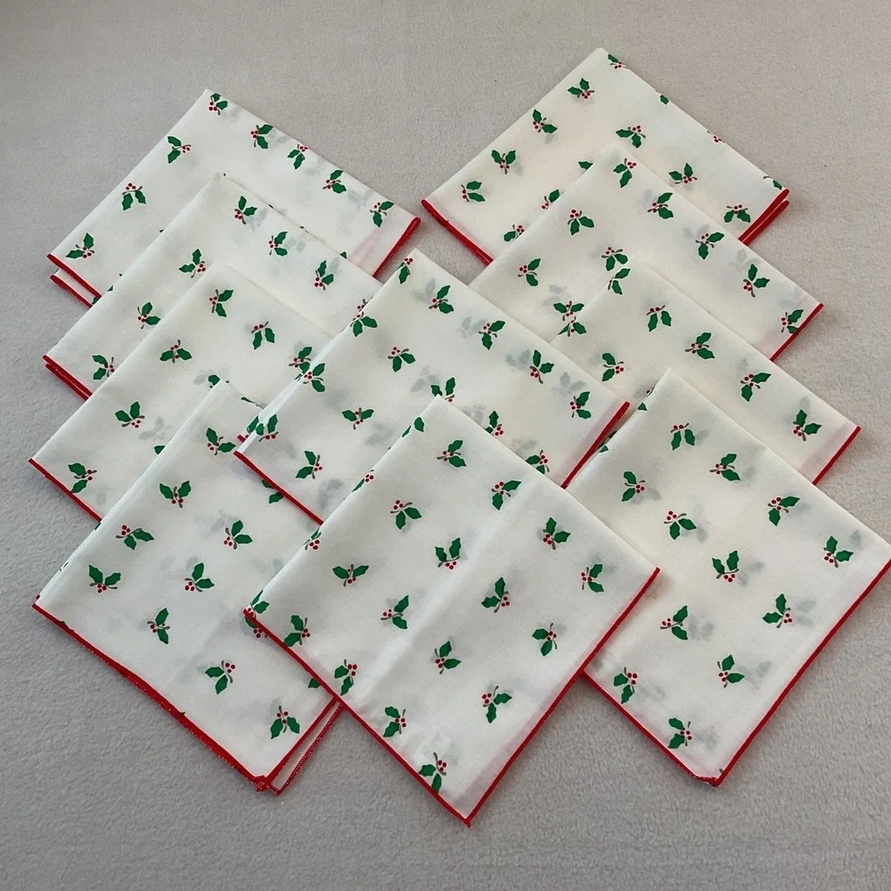 Vintage Lillian Vernon Christmas Holly Napkins Set of 10 White Red Green 1984